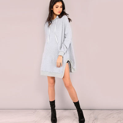 New Designs Slit Hooded Pocket Front Dropped Shoulders Sweatshirt for Women
