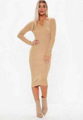 Spring Clothing Women Midi Knit Dress Long Sleeve