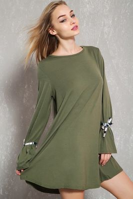 Latest Sexy Olive Tie Sleeve Open Back Tunic Casual Dress For Fashion Women
