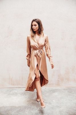 Fall Women Clothing Sexy Deep V Neck Satin Wrap Dress