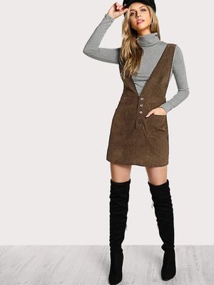 Autumn Design Crisscross Buttoned Plunge Pinafore Corduroy Dress