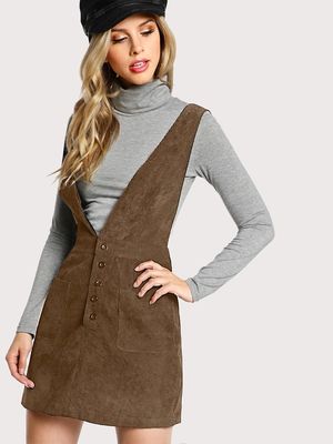 Autumn Design Crisscross Buttoned Plunge Pinafore Corduroy Dress