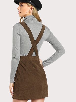 Autumn Design Crisscross Buttoned Plunge Pinafore Corduroy Dress