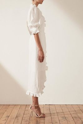 Linen Puff Sleeve Wrap Midi Elegant Dress Cotton Ladies