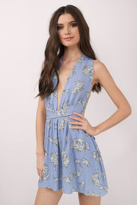 Blue Deep V Sex Mini Dress for Women