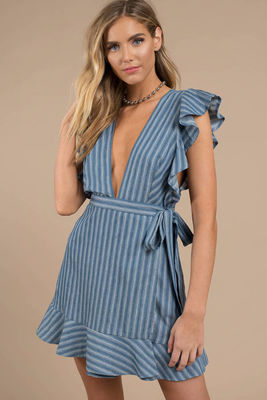 Sexy Deep V Neck Ladies Ruffles Wrap Dress Mini