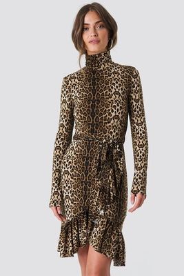 Autumn Fashion Women Long Sleeve And High Neck Leo Polo Dress Brown