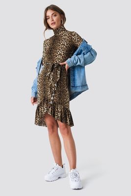 Autumn Fashion Women Long Sleeve And High Neck Leo Polo Dress Brown