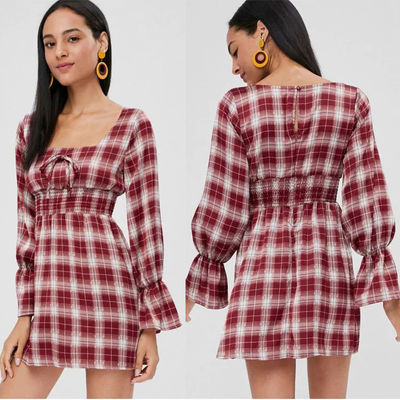 Womens Apparel Square Neck Checked Mini Empire Waist Dress