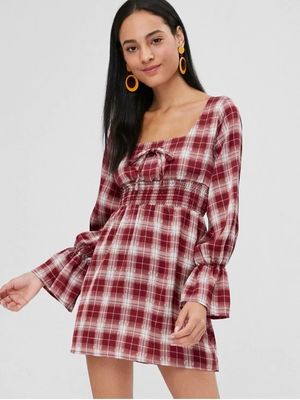 Womens Apparel Square Neck Checked Mini Empire Waist Dress