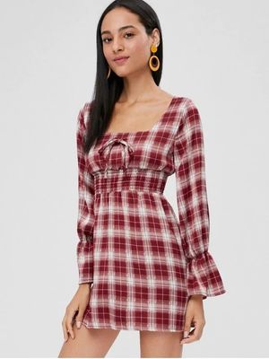 Womens Apparel Square Neck Checked Mini Empire Waist Dress