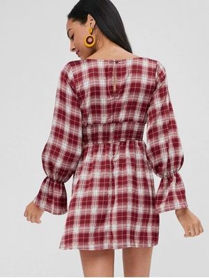 Womens Apparel Square Neck Checked Mini Empire Waist Dress