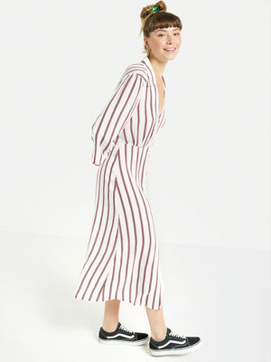 2018 New Arrival Fall Long Sleeve White and Red Striped Zip Front Sex V neck Midi Dress Ladies Autumn