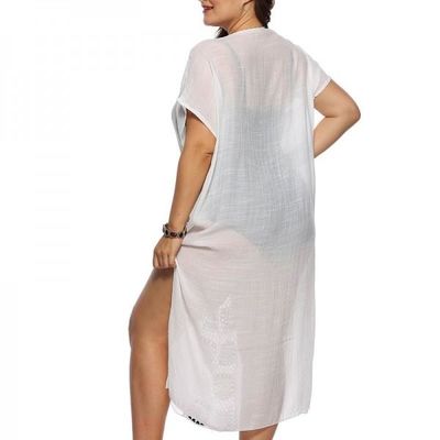 Women white see-through beach kimono style maxi dress with flower print