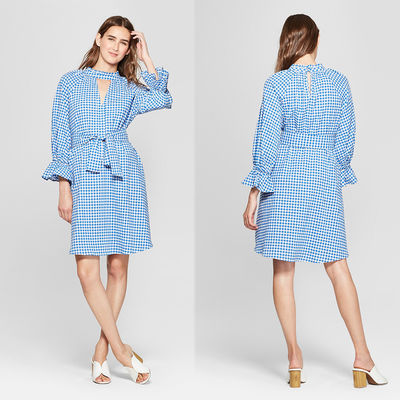 2018 New Design Ladies Long Blouson Sleeve Blue and White Gingham Dress with Belt