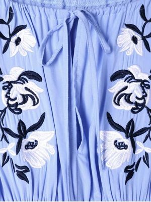 Blue Off Shoulder Mexican Embroidery Beach Casual Dress Women