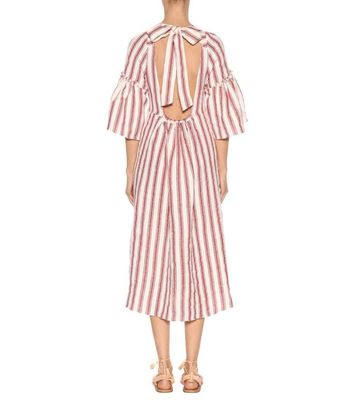 Women deep v neck stripe linen dress and unbacked