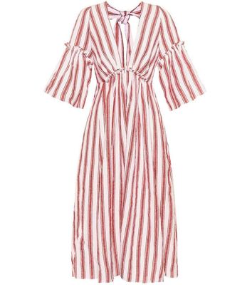Women deep v neck stripe linen dress and unbacked