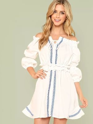 Wholesale Clothing Lantern Sleeve Shirred Waist Women Boho Embroidered Dress