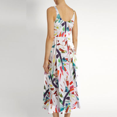 2018 New Style Women White-Print Button-Down Simple Cheap Linen Midi Dress