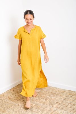 Paloma Mustard Short Sleeve Button Down Slit Maxi Linen Dress
