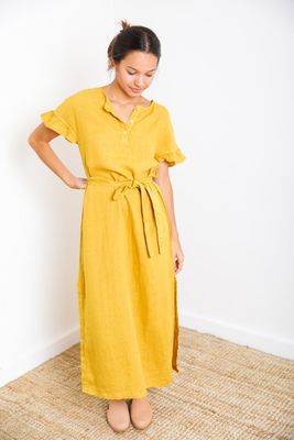 Paloma Mustard Short Sleeve Button Down Slit Maxi Linen Dress