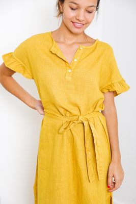 Paloma Mustard Short Sleeve Button Down Slit Maxi Linen Dress