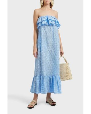 Women Blue Cotton Off Shoulder Floral Embroidery Ruffle Dress Women