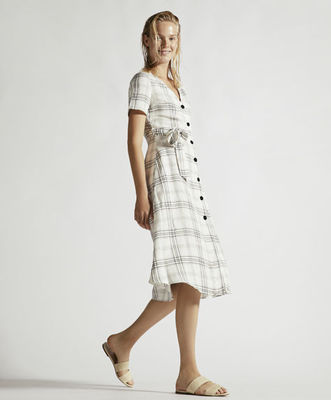 Summer Clothing Women V Neck Midi Checked Linen Dress