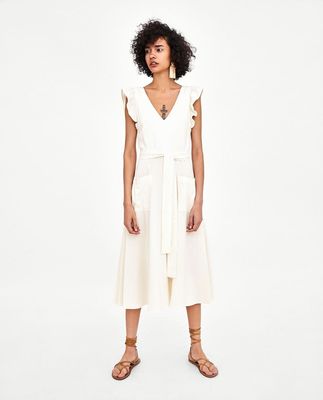 Elegant white linen maxi woman dress with bow