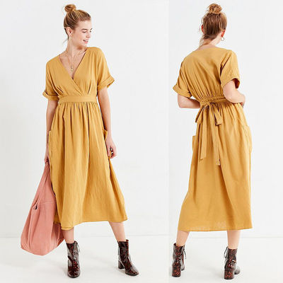 Latest Gold Linen Maxi Long Wrap V-neck Woman Dress with Pockets