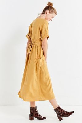 Latest Gold Linen Maxi Long Wrap V-neck Woman Dress with Pockets