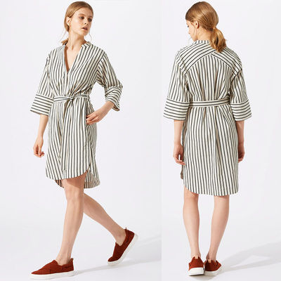 New Design Relaxed Fit Deep V-neckline Stripe Linen Dress for Woman