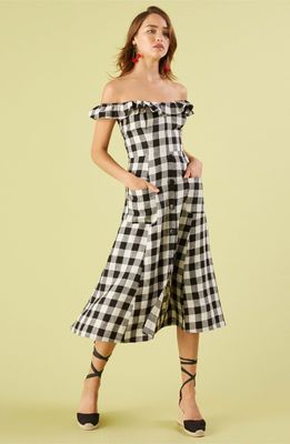 Black and white checked off shoulder dress
