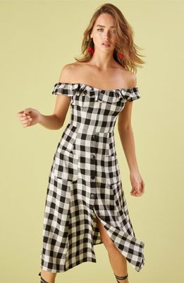Black and white checked off shoulder dress