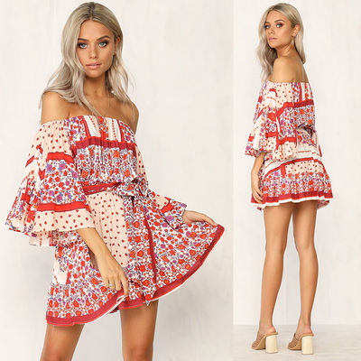 Summer Dresses Women Boho Printed Off Shoulder Mini Dress