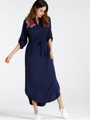 Mexican Embroidered Side Split Belt Dress