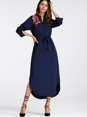 Mexican Embroidered Side Split Belt Dress