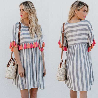 Women Casual Striped Dresses With Color Tassel