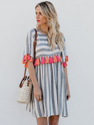 Women Casual Striped Dresses With Color Tassel