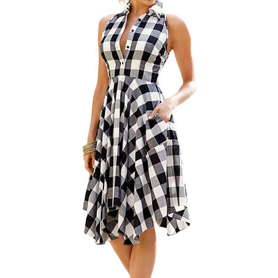 Women Plaid V-Neck Sleeve Casual Dress