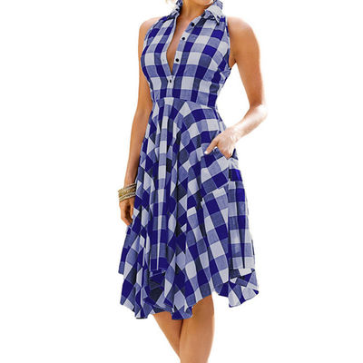 Women Plaid V-Neck Sleeve Casual Dress