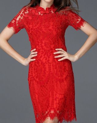 latest design Red Lace Classic H Line Midi Dress