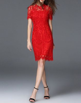 latest design Red Lace Classic H Line Midi Dress