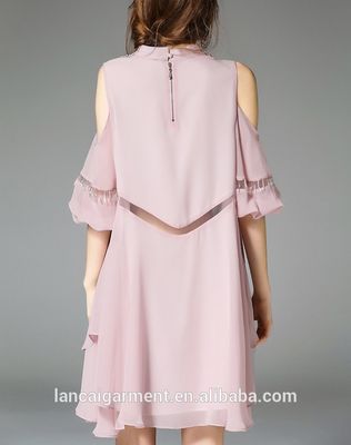 Women Casual Pink Cold Shoulder Half Sleeve Beaded Mini Dress