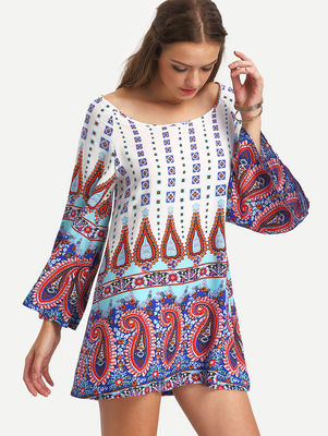 Multicolor vintage print sleeve shift hippie african design dress