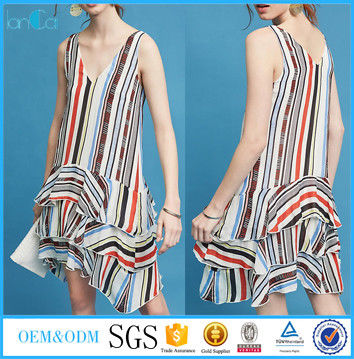 2018 Elegant striped v-neck ruffle casual women summer dresses