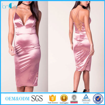 Fashion pink bodycon sexy deep v-neckilne back cut out satin dress