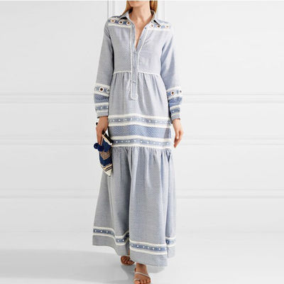 Crochet lace trim turn-down collar maxi dress