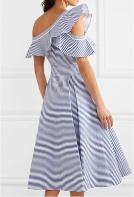 summer dresses off-the-shoulder ruffle-neckline striped midi dress